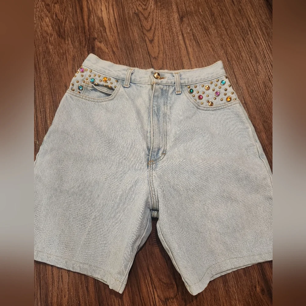 Vintage Jeweled Light Wash Denim Shorts with Multicolor Stud Details